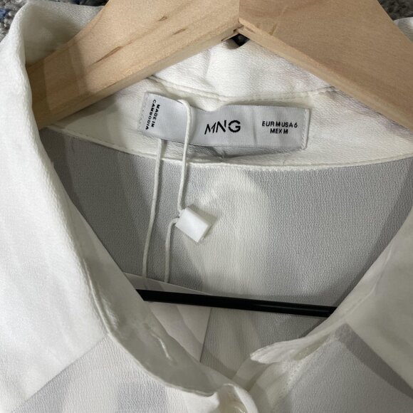 Mango Shirt Womens Medium White Valentin Tie Neck Long Sleeve Button Up Blouse - Picture 4 of 8